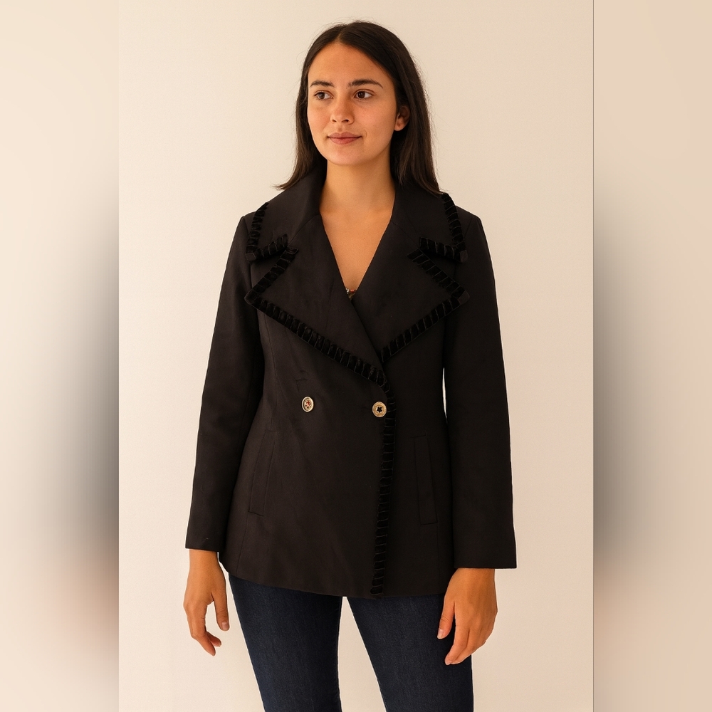 Badgley Mischka Belle Black Minimalist Careerwear Wool Coat Size Small